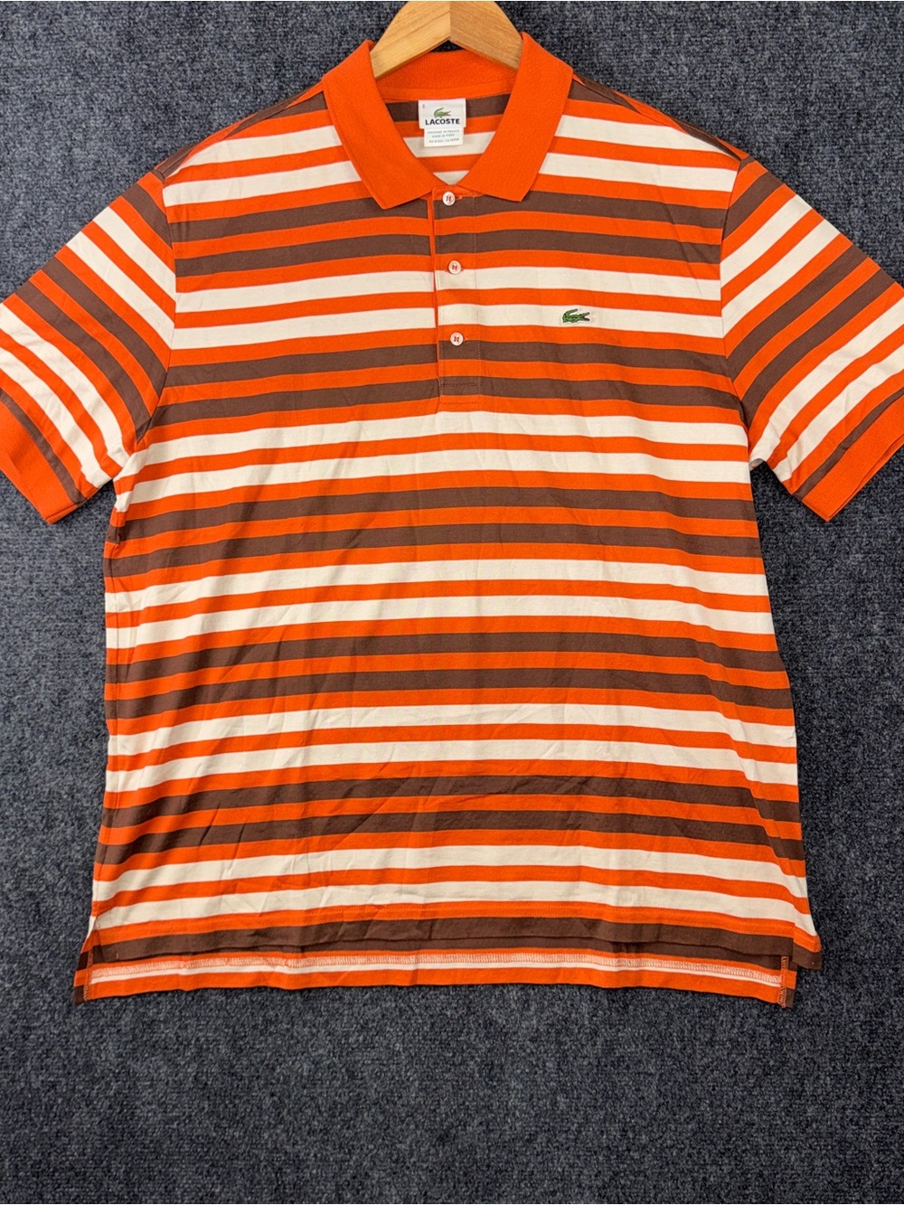 Lacoste Mens Striped Polo Shirt Orange Brown White Short Sleeve Cotton Size 6